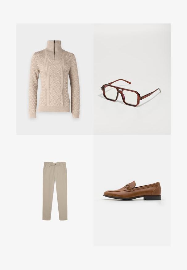 Dvojřadový vlněný kabát tmavě hnědé barvy s klopovým límcem, dvěma předními kapsami a černými knoflíky. Hladká textura a dobře střižený tvar.; Bežový svetr s vysokým límcem a zipem. Obsahuje texturované vzory, včetně copánků a bambulek, a žebrované manžety a lem.; Béžové kalhoty na míru vyrobené z hladké látky. Obsahují přední kapsy, zapínání na knoflík a elegantní, rovné nohy.; Hnědé kožené mokasíny s plochým podpatkem, s dekoračním kovovým akcentem na přední části, elegantním designem a hladkou texturou.; Hnědé transparentní oversized brýle s obdélníkovými skly a štíhlými rámky. Šikmé, mírně zaoblené rohy a viditelné kovové detaily.; Stříbrné kovové hodinky s broušeným modrým ciferníkem, bílými hodinovými indexy a zobrazením data. Mají spojený kovový pásek a logo značky.