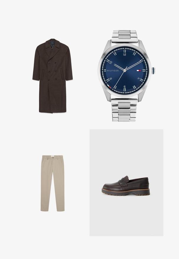Podwójnie zapięty wełniany płaszcz w ciemnym brązie z kołnierzem z wycięciem, dwoma przednimi kieszeniami i czarnymi guzikami. Gładka tekstura i dopasowany krój.; Beżowa, lniana koszula z długim rękawem, z kołnierzykiem mandaryńskim, z przodem zapinanym na guziki i prostym dołem; gładka tekstura i lekka konstrukcja.; Beżowe spodnie w kant wykonane z gładkiego materiału. Posiadają kieszenie z przodu, zapięcie na guzik oraz elegancki, prosty krój.; Brązowe skórzane loafersy o niskim profilu, z przeszyciami, lekko podniesioną gumową podeszwą i gładkim wykończeniem.; Srebrny zegarek metalowy z satynową niebieską tarczą, białymi znacznikami godzin oraz wyświetlaczem daty. Posiada ogniwowy metalowy pasek i logo marki.