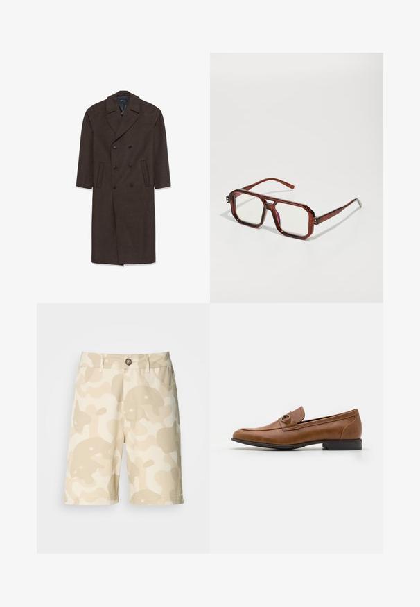 Double-breasted wool coat in dark brown with a notched collar, two front pockets, and black buttons. Smooth texture and tailored shape.; Long-sleeve, beige linen shirt with a mandarin collar, front button placket, and straight hem; smooth texture and lightweight design.; Beige shorts with a cream camouflage pattern, featuring a button closure, belt loops, and pockets. Made from fabric with a smooth texture.; Brown leather loafers with a flat heel, featuring a decorative metal accent on the front, sleek design, and smooth texture.; Brown transparent oversized glasses with rectangular lenses and slender arms. Angled, slightly rounded corners and visible hardware accents.