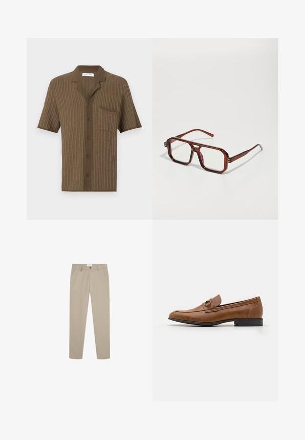 Doppelreihiger Wollmantel in Dunkelbraun mit einem Reverskragen, zwei vorderen Taschen und schwarzen Knöpfen. Glatte Textur und taillierte Form.; Braunes Kurzarmhemd mit strukturiertem Strickmuster, einem gekerbten Kragen, 5 Knöpfen und einer einzelnen Brusttasche.; Beige maßgeschneiderte Hose aus glattem Stoff. Sie verfügt über Fronttaschen, einen Knopfverschluss und ein elegantes, gerades Bein-Design.; Braune Lederloafers mit flachem Absatz, die eine dekorative Metallakzentuiert auf der Vorderseite, ein elegantes Design und eine glatte Textur aufweisen.; Braune transparente übergroße Brillen mit rechteckigen Gläsern und schlanken Bügeln. Abgewinkelte, leicht abgerundete Ecken und sichtbare Hardware-Akzente.; Silberne Metall-Uhr mit einem gebürsteten blauen Zifferblatt, weißen Stundenmarkierungen und einem Datumsanzeiger. Verfügt über ein verlinktes Metallarmband und ein Markenlogo.