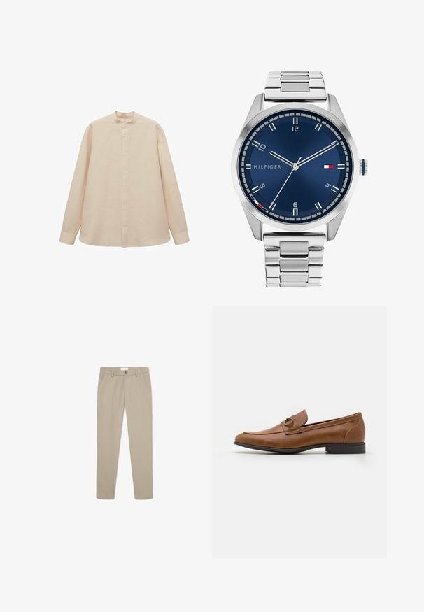 Dobbeltbrystet uldfrakke i mørkebrunt med notch-krave, to frontlommer og sorte knapper. Glat tekstur og skræddersyet pasform.; Lys beige langærmet skjorte med bandkrave, knaplukning foran og lige snit. Blød stofstruktur, afslappet pasform og uden synlige mønstre.; Beige skræddersyede bukser lavet af et glat stof. Har forlommer, en knaplukning og et slankt, lige ben-design.; Brune læder slip-ons med flad hæl, prydet med en dekorativ metalaccent foran, med et strømlinet design og glat tekstur.; Sølvmetal ur med en børstet blå urskive, hvide timemarkører og en datovisning. Har et sammenkædet metalarmbånd og brandlogo.