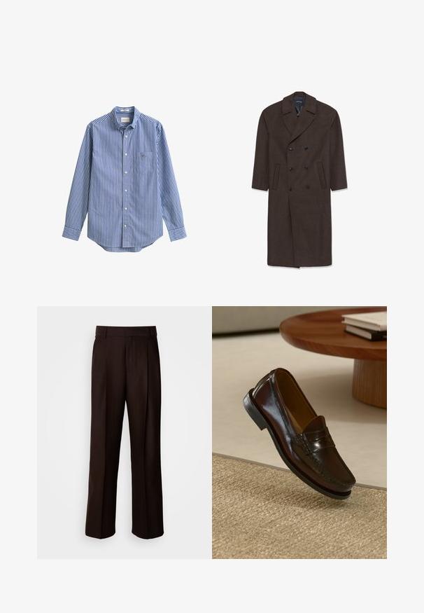 Dvojradový vlnený kabát v tmavohnedej farbe s výstrihom do "V", dvoma prednými vreckami a čiernymi gombíkmi. Hladká textúra a prispôsobený strih.; Modrá a biela vertikálne pruhovaná košeľa s dlhým rukávom, golierom na gombíky, jedným predným vreckom a zaobleným lemom. Hladká bavlnená látka.; Hnedé upravené nohavice s priamym strihom, s predným záhybom, hladkou textúrou a klasickým pásekom. Vhodné na formálne príležitosti.; Hnedé kožené mokasíny s lesklým povrchom, s prešitým detailom vpredu a nízkou čiernou gumovou podrážkou.