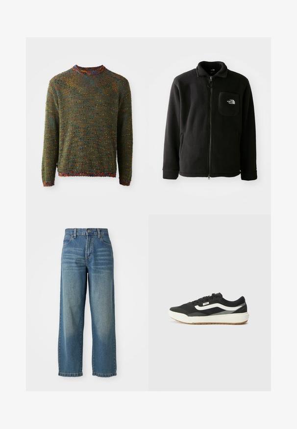 Črna flis jakna z zadrgo spredaj, visokim ovratnikom, elastičnimi manšetami in žepom na prsih z logotipom. Mehka tekstura, sproščen dizajn.; Pleteni pulover v temno zeleni barvi z teksturiranim vzorcem, ki vsebuje večbarvne pike ter rebrast ovratnik in manšete.; Svijetloplavi traper široke hlače visokog struka, s pet džepova i blago izblijedjelim završetkom. Sadrži kopčanje na dugme i zatvarač.; Črne superge z belimi detajli, ki imajo gladek sintetični zgornji del, okroglo obliko in gumijast podplat, v kombinaciji s svetlobezžno hlačami.