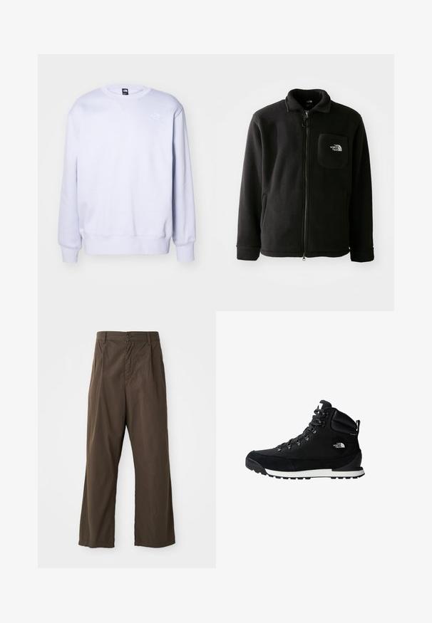 Casaco de lã preta com fecho éclair à frente, gola alta, punhos elásticos e um bolso no peito com um logótipo. Textura suave, design casual.; Sweatshirt lilás claro, em mistura de algodão, gola redonda, punhos e barra ribadas, apresenta um pequeno logo branco no canto superior esquerdo da frente. Textura suave.; Calças largas, castanhas, feitas de algodão, com fecho frontal por botão, passadores de cinto e uma textura suave e mate.; Bota de caminhada preta com parte superior em tecido texturizado e camurça, ilhós de metal e sola de borracha branca. Apresenta um colarinho acolchoado para suporte.