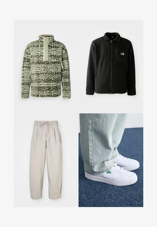 Czarna polarowa kurtka z zamkiem z przodu, wysokim kołnierzem, elastycznymi mankietami i kieszenią na piersi z logo. Miękka tekstura, casualowy design.; Columbia - Bluza z polaru; Beżowe, lekkie spodnie z elastycznym pasem i sznurkiem do regulacji. Posiadają pliski i luźny krój, wykonane z miękkiego, gładkiego materiału.; Białe skórzane sneakersy z zielonym logo Nike, okrągły czubek, płaska podeszwa, zestawione z jasnoniebieskimi dżinsami, pokazane na niebieskim dywanie.