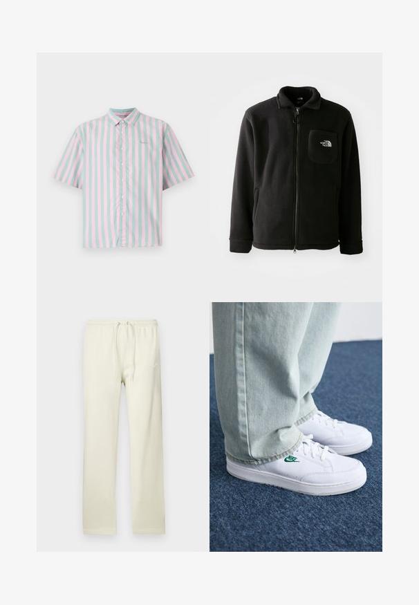 Chaqueta de forro polar negra con cierre de cremallera frontal, cuello alto, puños elásticos y un bolsillo en el pecho con un logo. Textura suave, diseño casual.; Camisa de botón de manga corta con rayas verticales alternas en rosa claro y verde menta, con una textura de algodón suave y un pequeño detalle de logo.; Pantalones deportivos beige claro con cintura ajustable con cordón, fabricados con material suave. Presentan un sutil logo de Nike en blanco en el muslo izquierdo.; Zapatillas de cuero blanco con logo de Nike verde, puntera redonda, suela plana, combinadas con pantalones de mezclilla azul claro, sobre una alfombra azul.