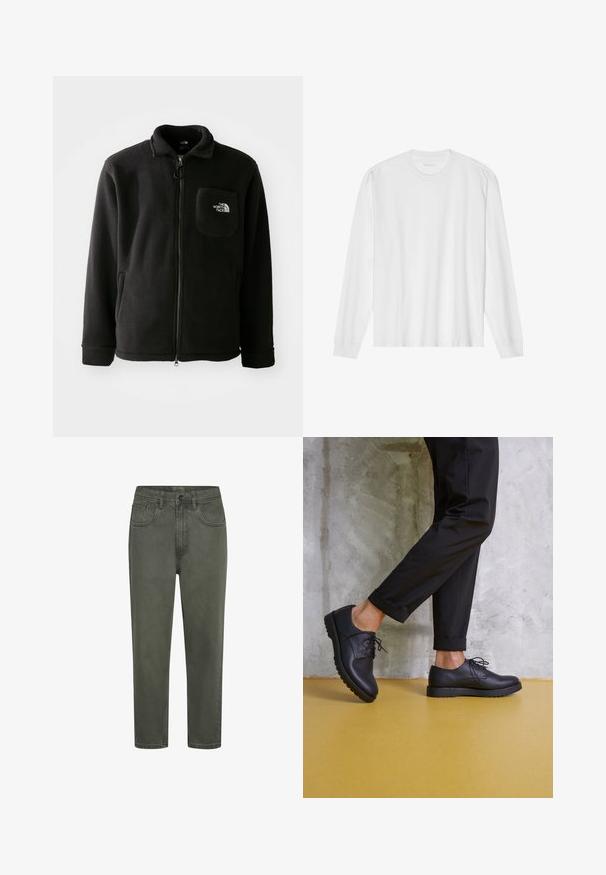 Zwarte fleece jack met ritssluiting aan de voorkant, hoge kraag, elastische manchetten en een borstzak met een logo. Zachte textuur, casual ontwerp.; Wit katoenen t-shirt met lange mouwen, ronde hals en geribbelde manchetten. Eenvoudig, onopgesmukt ontwerp met een gladde textuur en een standaard pasvorm.; Groene katoenen chinos met een rechte snit, voorzien van riemlussen, voortzakken en een knoopsluiting. Soepele textuur met minimale stiksels.; Zwart leren veterschoenen met een ronde neus, gestructureerd oppervlak en dikke rubberen zool. Gekocht met opgerolde zwarte broeken tegen een betonnen achtergrond.