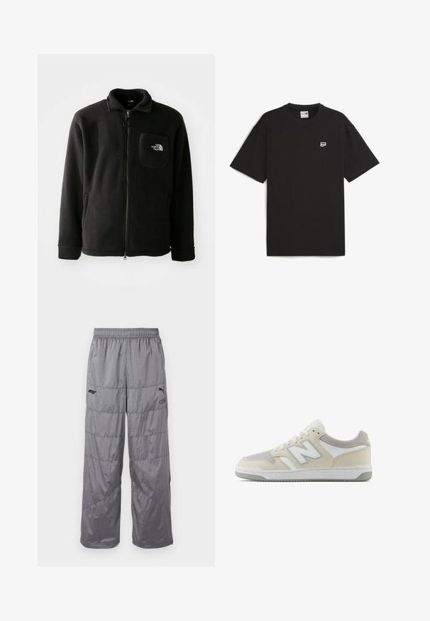Zwarte fleece jack met ritssluiting aan de voorkant, hoge kraag, elastische manchetten en een borstzak met een logo. Zachte textuur, casual ontwerp.; Zwart T-shirt met korte mouwen van katoen, met een ronde hals en een klein wit logo op de borst. Eenvoudige, ontspannen pasvorm.; Grijze pufferbroek met een elastische tailleband, voorzien van doorgestikte ontwerp lijnen en een klein zwart logo op de linker dij. Lichtgewicht materiaal.; Beige nubuck en leren sneaker met witte accenten, voorzien van een gestructureerd ontwerp, vetersluiting aan de voorkant en een kenmerkend logo aan de zijkant.