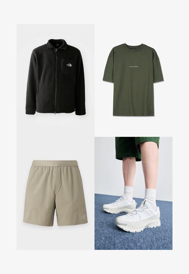 Veste en polaire noire avec fermeture éclair à l'avant, col haut, poignets élastiques et une poche poitrine avec un logo. Texture douce, design décontracté.; T-shirt en coton vert olive à manches courtes, avec un logo central "PEGADOR" en texte contrastant. Design classique à col ras du cou.; Shorts de sport beiges avec une taille élastique, une poche frontale unique et un logo sur le côté inférieur droit. Tissu lisse et léger.; Des chaussures de sport blanches avec des superpositions texturées, une semelle épaisse et des accents gris. Portées avec des chaussettes blanches et des shorts verts sur une surface bleue.