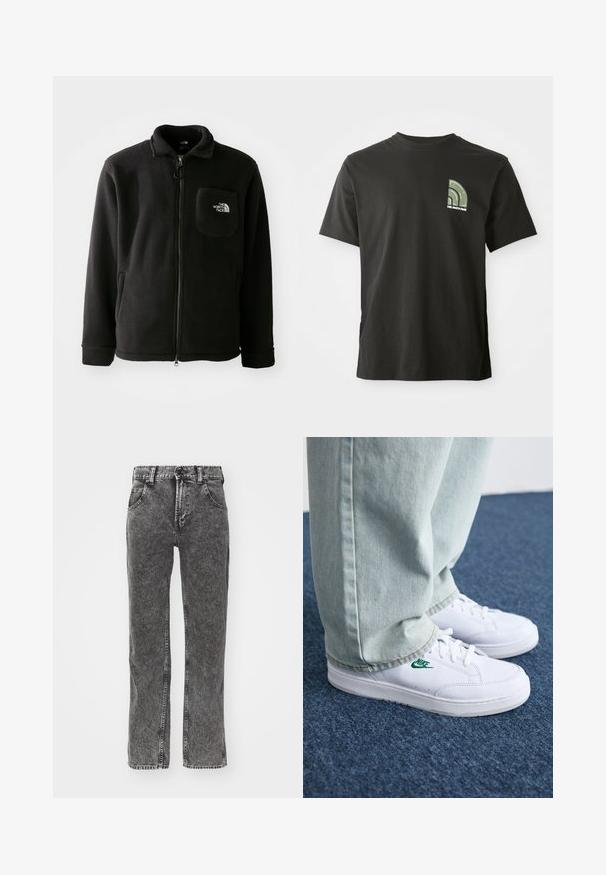 Casaco de lã preta com fecho éclair à frente, gola alta, punhos elásticos e um bolso no peito com um logótipo. Textura suave, design casual.; T-shirt preto de manga curta com um pequeno logotipo em verde e branco em forma de quarto de círculo e o texto "The North Face" no lado esquerdo do peito.; Calças de ganga pretas, de cintura alta, com corte straight leg. Lavagem desbotada, cinco bolsos e costura em contraste ao longo das costuras.; Tênis de couro brancos com logo verde da Nike, bico redondo, sola plana, combinados com calças de denim azul claro, exibidos sobre um tapete azul.