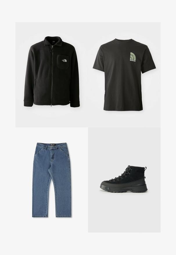 Chaqueta de forro polar negra con cierre de cremallera frontal, cuello alto, puños elásticos y un bolsillo en el pecho con un logo. Textura suave, diseño casual.; Camiseta negra de manga corta y cuello redondo con un pequeño logotipo en forma de cuarto de círculo en verde y blanco y el texto "The North Face" en el lado izquierdo del pecho.; Jeans de mezclilla azul con un diseño de pierna recta, cintura de altura media y estilo clásico de cinco bolsillos. Presenta un ligero desgaste y detalles de costura.; Botas de senderismo negras con parte superior de ante, suela de goma resistente y ojales reforzados para los cordones. Cuenta con una lengüeta en la parte posterior para facilitar su puesta.