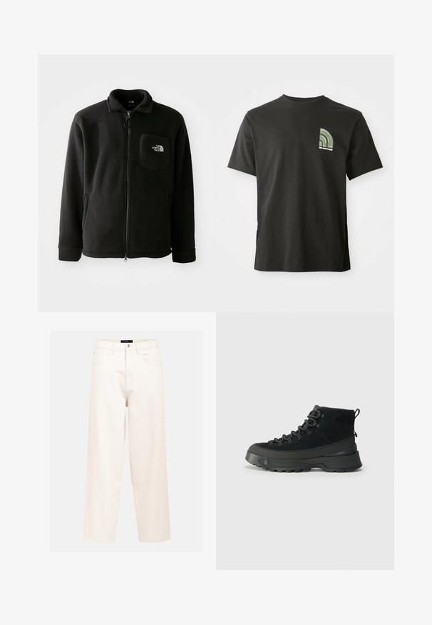 Zwarte fleece jack met ritssluiting aan de voorkant, hoge kraag, elastische manchetten en een borstzak met een logo. Zachte textuur, casual ontwerp.; Zwarte t-shirt met korte mouwen en ronde hals, voorzien van een klein groen en wit kwartcirkel logo en de tekst "The North Face" op de linkerkant van de borst.; Lichtbeige wijdvallende jeans van katoen denim met een hoge taille, vijfzakkenontwerp en een enkele sluiting met knoop aan de voorkant.; Zwarte wandelschoen met een bovenwerk van suede, stevige rubberen zool en versterkte ogen voor de veters. Voorzien van een trekband aan de achterkant voor eenvoudig aan- en uittrekken.