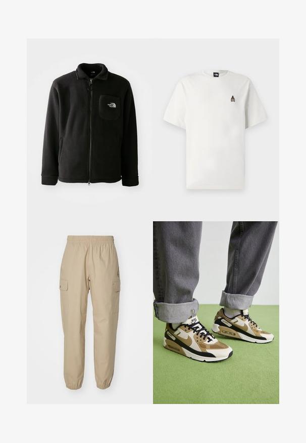 Sort fleecejakke med lynlås foran, høj krave, elastiske manchetter og en brystlomme med logo. Blødt materiale, afslappet design.; Hvid bomulds t-shirt med et lille, broderet grafik af en flaske på venstre bryst. Klassisk rund hals og korte ærmer.; Beige cargo bukser med elastisk talje, tætsiddende ben og sidelommer. Glat stof med en let struktureret tekstur.; Nike Air Max 90 sneakers i beige og sort, med mesh- og lædermaterialer, synlig polstring og sorte snørebånd.