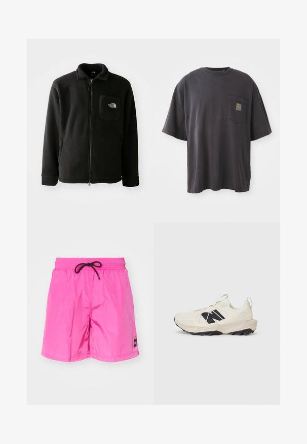 Black fleece jacket with a zip front, high collar, elastic cuffs, and a chest pocket featuring a logo. Soft texture, casual design.; Black cotton t-shirt with short sleeves, a round neckline, and a left chest pocket featuring a square logo patch. Simple and unembellished design.; Pink, lightweight swim shorts with an elastic waistband and black drawstring. Features a small label on the left leg. Smooth texture.; Light beige sneaker featuring a mesh upper, black logo, and textured sole. Accented with a geometric pattern on the midsole.