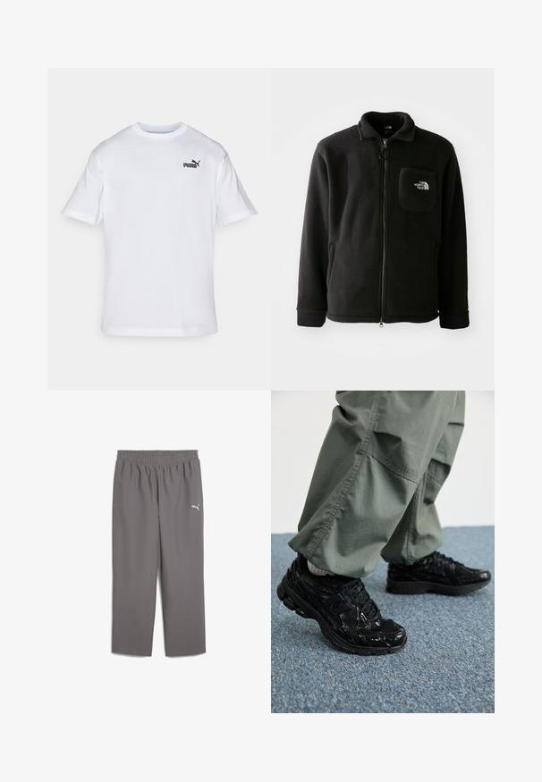 Crna flis jakna s patentnim zatvaračem sprijeda, visokim ovratnikom, elastičnim manžetama i džepom na prsima s logotipom. Mekana tekstura, ležeran dizajn.; Bijela pamučna majica kratkih rukava s crnim Puma logom na lijevoj strani prsnog koša. Okrugli izrez, običan kroj, glatka tekstura.; Sive trenirke od lagane tkanine s elastičnim pojasom. Imaju mali bijeli logo na lijevoj nozi.; Crni atletski tenisice s sjajnim i mrežastim teksturama, s debelim đonom i vezicama, u kombinaciji s opuštenim cargo hlačama u maslinastoj boji.