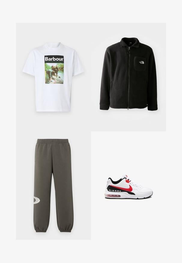 Czarna polarowa kurtka z zamkiem z przodu, wysokim kołnierzem, elastycznymi mankietami i kieszenią na piersi z logo. Miękka tekstura, casualowy design.; Biała bawełniana koszulka z kolorowym nadrukiem graficznym z napisem "Barbour" oraz sceną na świeżym powietrzu przedstawiającą ludzi nad rzeką.; Ciemnooliwkowe spodnie dresowe z elastycznym paskiem, bocznymi kieszeniami, zwężanym krojem i białym, ząbkowanym logo na lewej nogawce.; Białe buty sportowe z czarnymi i czerwonymi akcentami, z gładką skórzaną cholewką, sznurowanym przodem i widoczną poduszką powietrzną w podeszwie.