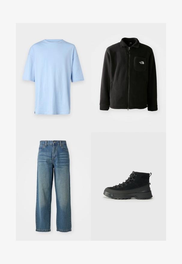 Schwarze Fleecejacke mit Reißverschluss auf der Vorderseite, hohem Kragen, elastischen Bündchen und einer Brusttasche mit Logo. Weiche Textur, lässiges Design.; Himmelblaues T-Shirt mit kurzen Ärmeln aus weicher Baumwolle. Verfügt über einen Rundhalsausschnitt und eine lockere Passform. Keine sichtbaren Muster oder Akzente.; Helle blaue Denim-Hose im weit geschnittenen Stil mit hoher Taille, fünf Taschen und einem leicht verwaschenen Finish. Verfügt über einen Knopf- und Reißverschluss.; Schwarze Wanderschuhe mit einem Obermaterial aus Wildleder, einer robusten Gummisohle und verstärkten Ösen für die Schnürsenkel. Mit einer Schlaufe an der Rückseite für ein einfaches Anziehen.