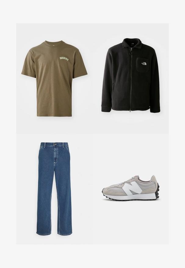 Casaco de lã preta com fecho éclair à frente, gola alta, punhos elásticos e um bolso no peito com um logótipo. Textura suave, design casual.; T-shirt de algodão verde-oliva com mangas curtas, gola redonda e um pequeno logótipo branco "Dickies" impresso no peito esquerdo. Textura suave.; Jenas de ganga azuis com corte reto, design de cinco bolsos, fecho com botão metálico e costura visível ao longo das costuras e da bainha.; Sapatilhas cinzentas com materiais em malha e camurça, apresentando um logótipo branco lateral, atacadores cinzentos e uma sola de borracha preta.