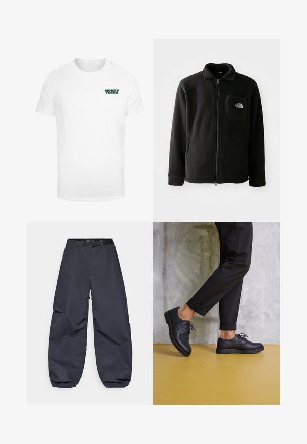 Svart fleecejakke med glidelås foran, høy krage, elastiske mansjetter og en brystlomme med en logo. Myk tekstur, uformell design.; Hvitt bomulls-T-skjorte med korte ermer som har et lite grønt "MONEY TREES"-grafikk på venstre brystområde. Klassisk rund hals.; Mørkegrå cargo bukser laget av et mykt, slitesterkt materiale. De har en bred, løs passform, flere lommer og et belte i midjen for justering.; Svarte lærsko med lisser, avrundet tå og teksturert gummisåle. Brukt med avkuttede svarte bukser, foran en betongbakgrunn.