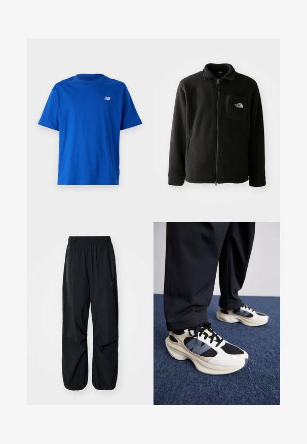 Černá fleecová bunda se zipem vpředu, vysokým límcem, elastickými manžetami a náprsní kapsou s logem. Měkká textura, ležérní design.; Modré bavlněné tričko s kulatým výstřihem a krátkými rukávy. Na hrudi se nachází malé bílé logo "NB". Jednoduchý design, bez vzorů.; Černé lehké cargo kalhoty s elastickým pasem, bočními zipy a prostornými kapsami. Mají volný střih a zúžené manžety.; Bílé a černé tenisky s texturovanými detaily a modrým akcentem, mají masivní podrážku a černé tkaničky, v kombinaci s černými kalhotami.