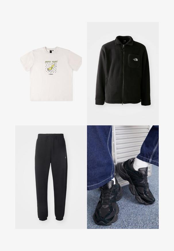 Musta fleece-takki, jossa on vetoketju edessä, korkea kaulus, elastiset hihansuut ja rinnassa logoa esittävä tasku. Pehmeä rakenne, rento muotoilu.; Valkoinen puuvillapaita, jossa on keltainen lintugrafiikka ja mustalla teksti "BREAK FREE!". Lyhyet hihat ja väljä istuvuus.; Mustat collegehousut, jotka on valmistettu pehmeästä materiaalista, joustavalla vyötärönauhalla, narukiristimellä ja kavennetuilla lahkeilla, joissa on huomaamaton logo sivussa.; Mustat lenkkarit, joissa on yhdistelmä teksturoituja ja sileitä materiaaleja, näyttävät nauhat ja paksu pohja, yhdistettynä tummiin farkkuihin.