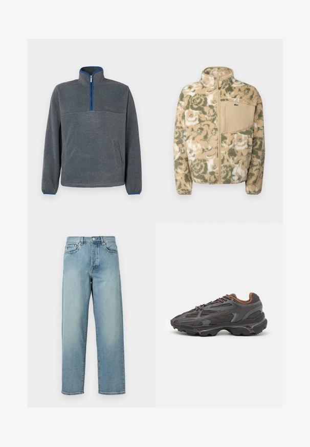 Hedvábný fleece kabát v béžové barvě s zeleným květinovým vzorem, s předním zipem a hnědou náprsní kapsou. Logo Lacoste na kapse.; Šedý fleecový pulovr s polo zipem, modrými akcenty na zipu a manžetách a přední kapsou. Měkká textura, uvolněný střih.; Svetle modré džíny s volným střihem, rovnými nohavicemi, designem s pěti kapsami a zapínáním na knoflík v pase. Minimalistické detaily šití.; Sněrovací boty Lacoste v tmavě šedé barvě s síťovinou a syntetickým materiálem, prezentující texturovanou podrážku a hnědé detaily na límci a logu.