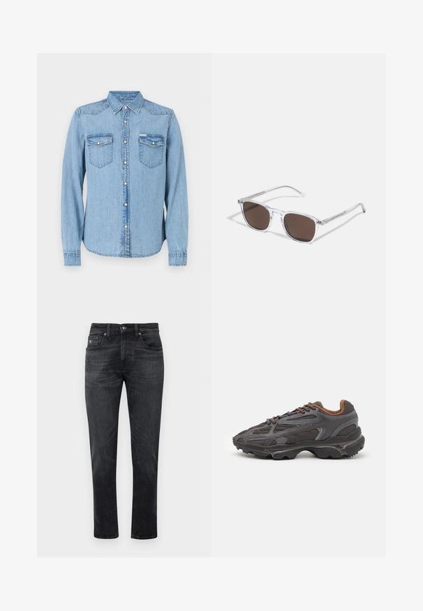 Lodden fleecejakke i beige med grønt blomstermønster, med glidelås foran og en lys brun brystlomme. Lacoste-logo på lommen.; Lyseblå denimskjorte med lange ermer, spiss krage og trykknap lukking. Har to brystlommer med klaffer. Rett snitt.; Sorte denimjeans med rett ben, med fem-lommers design og glidelås. Subtilt falming og sømdetaljer på lommene.; Lacoste-sneakers i mørkegrått med mesh- og syntetisk materiale, med en teksturert såle og brune detaljer på kragen og merket.; Klare plastikk solbriller med rektangulære brune linser, med tynne, gjennomsiktige armer og metalldetaljer på templene.