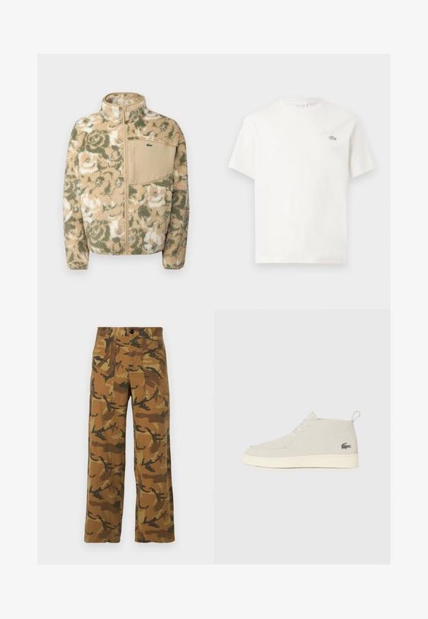Purkštuko, pagamintas iš minkšto fliso, bežinės spalvos su žaliais gėlių raštais, užtrauktuko priekyje ir šviesiai rudos spalvos krūtininės kišenės. Kišenės logotipas – Lacoste.; Balta medvilninė marškinėliai trumpomis rankovėmis, su subtiliu išsiuvinėtu logotipu ir minimalistišku dizainu. Minkšta tekstūra, apvalus kaklas.; Kamo raštuoti krovinių kelnės rudos ir žalios spalvų atspalviuose, pagamintos iš lengvos medžiagos, su keturiomis kišenėmis ir mygtukų užsegimu.; Šviesiai pilki zomšiniai auliniai batai iki kulkšnies su apvalia nosimi, balta guma pado ir subtiliu logotipo akcentu šone. Su raištelių uždarymu.