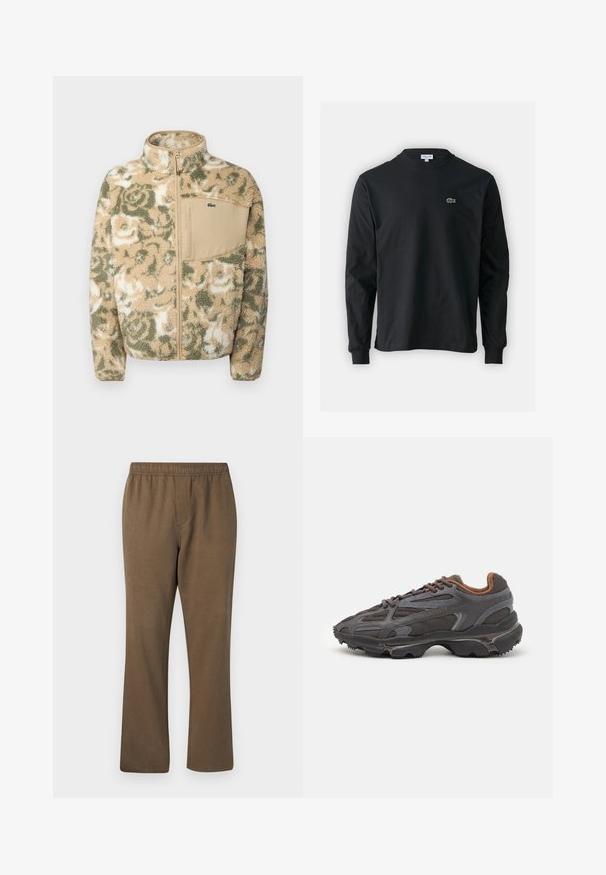 Fuzasta flis jakna u bež boji s zelenim cvjetnim uzorkom, s patentnim zatvaračem sprijeda i smešnim džepom na prsima. Lacoste logo na džepu.; Crna majica dugih rukava od pamuka, s okruglim izrezom i malim zelenim izvezenim logotipom krokodila s lijeve strane prsnog dijela.; Samsøe Samsøe JABARI - Hlače - canteen; Lacoste tenisice u tamno sivoj boji s mrežastim i sintetičkim materijalom, s teksturiranom potplatom i smešnim akcentima na ovratniku i brandiranju.