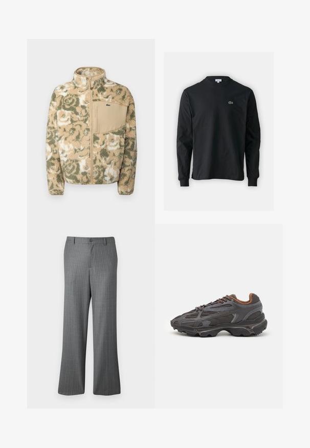 Fuzzy fleece jacket in beige with green floral pattern, featuring a zip front and a tan chest pocket. Lacoste logo on pocket.; Black long-sleeve t-shirt made of cotton, featuring a round neckline and a small green embroidered crocodile logo on the left chest.; Gray pinstripe trousers with a relaxed fit, featuring a button closure, belt loops, and subtle light blue stripes throughout.; Lacoste sneakers in dark gray with mesh and synthetic material, featuring a textured sole and brown accents on the collar and branding.