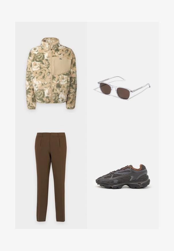 Purkštuko, pagamintas iš minkšto fliso, bežinės spalvos su žaliais gėlių raštais, užtrauktuko priekyje ir šviesiai rudos spalvos krūtininės kišenės. Kišenės logotipas – Lacoste.; Juodas ilgomis rankovėmis marškinėliai iš medvilnės, turintys apvalią iškirptę ir mažą žalią išsiuvinėtą krokodilo logotipą kairėje krūtinės pusėje.; Rudos pritaikyti kelnes su lygaus paviršiaus tekstūra, su dviem priekinių raukšlių linijomis, tiesiomis kojomis ir diržo kilputėmis. Švarus, minimalistinis dizainas.; Lacoste sportbačiai tamsiai pilki, pagaminti iš tinklinės ir sintetinių medžiagų, su tekstūruotu padu ir rudomis detalėmis ant apykaklės bei prekės ženklo.; Skaidrūs plastikiniai saulės akiniai su stačiakampiais rudos spalvos lęšiais, pasižymintys plonais, skaidriais šonais ir metaliniais akcentais ant rėmo.