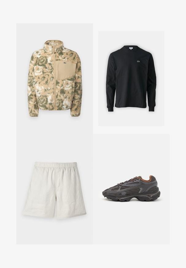 Giacca in fleece fluffy color beige con motivo floreale verde, dotata di zip frontale e tasca sul petto color cuoio. Logo Lacoste sulla tasca.; T-shirt a maniche lunghe nera in cotone, con scollatura rotonda e un piccolo logo di coccodrillo ricamato in verde sul lato sinistro del petto.; Shorts in lino beige chiaro con cintura elastica, caratterizzati da una vestibilità comoda e cuciture minime per un design semplice e informale.; Sneaker Lacoste grigie scure in materiale mesh e sintetico, con suola testurizzata e dettagli marroni sul colletto e sul branding.