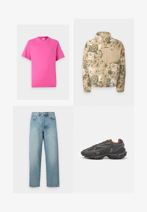 Lodden fleecejakke i beige med grønt blomstermønster, med glidelås foran og en lys brun brystlomme. Lacoste-logo på lommen.; Kortermet T-skjorte i lys rosa bomull, med rund hals og en liten grønn krokodillelogo på venstre bryst.; Lys blå denimjeans med løs passform, rette ben, fem-lomme-design og knappelukking i livet. Minimalistisk sømdetalj.; Lacoste-sneakers i mørkegrått med mesh- og syntetisk materiale, med en teksturert såle og brune detaljer på kragen og merket.