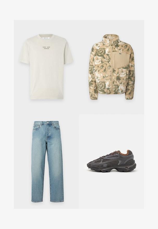 Fuzasta flis jakna u bež boji s zelenim cvjetnim uzorkom, s patentnim zatvaračem sprijeda i smešnim džepom na prsima. Lacoste logo na džepu.; Svijetlosmeđi pamučni majica s kratkim rukavima, okruglim izrezom i crnim ispisanim tekstom "SAMSE SAMSØ COPENHAGEN" centriranim na prsima.; Svijetloplavi traperice s opuštenim krojem, ravnim nogavicama, dizajnom s pet džepova i kopčanjem na gumbe u struku. Minimalistički detalj šivanja.; Lacoste tenisice u tamno sivoj boji s mrežastim i sintetičkim materijalom, s teksturiranom potplatom i smešnim akcentima na ovratniku i brandiranju.