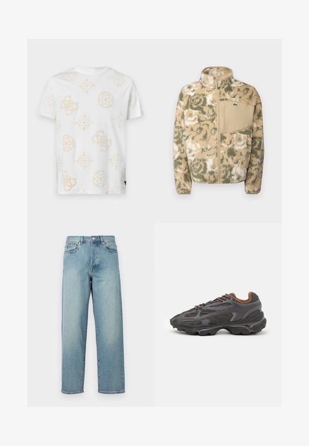 Lodden fleecejakke i beige med grønt blomstermønster, med glidelås foran og en lys brun brystlomme. Lacoste-logo på lommen.; Hvit bomull T-skjorte med et lys beige abstrakt mønster med ulike geometriske former og logoer. Rund hals og korte ermer.; Lys blå denimjeans med løs passform, rette ben, fem-lomme-design og knappelukking i livet. Minimalistisk sømdetalj.; Lacoste-sneakers i mørkegrått med mesh- og syntetisk materiale, med en teksturert såle og brune detaljer på kragen og merket.