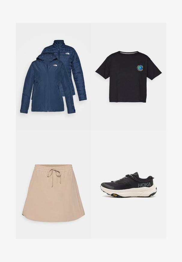 Jachetă izolată de culoare bleumarin, cu glugă și închidere cu fermoar. Prezintă o textură matlasată, buzunare laterale și logo pe piept. Design reversibil.; T-shirt scurt cu mânecă, de culoare neagră, din bumbac, având un logo circular multicolor pe piept. Tiv dreapt și croială lejeră.; Fustă bej, până la genunchi, cu talie elastică, detaliu cu șnur și tiv ușor evazat. Material neted și ușor.; Pantofi sport negri cu un superior din plasă respirabilă, talpă din cauciuc, mijloc de amortizare albă și șireturi reflective. Logo-ul Vibram pe talpă.