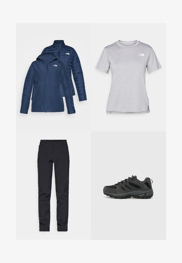 Tumehall sinine soojustatud jakk, millel on kapuuts ja tõmblukk. Omadused: tepitud tekstuur, küljetaskud ja logo rinnal. Pööratav disain.; Hall juppuvarrega, pehmeast, niiskust eemaletõukavast kangast lühikeste varrukatega hall T-särk. Omab ümarat kaelust ning väikest valget logo vasakul ülal.; Mustad, slim-fit püksid siledast materjalist, tõmblukk taskuga ja klassikalise nööbiga sulgemisega. Sobivad igapäevaseks või poolformaalseks kandmiseks.; Columbia REDMOND - Matkajalatsid - black/citron haze