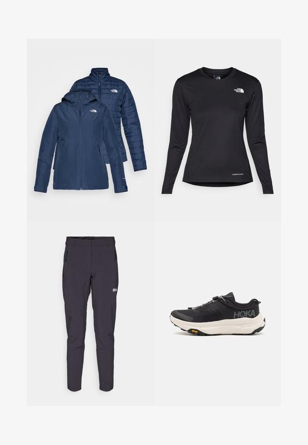 Laivastonsininen eristetty takki, jossa on huppu ja vetoketjukiinnitys. Ominaisuuksina on tikkikuvio, sivutaskut ja logo rinnassa. Käännettävä malli.; The North Face SHADOW LONG SLEEVE - Pitkähihainen paita - black; Vaellushousut tummanharmaana, slim fit -mallissa, valmistettu joustavasta, vettä hylkivästä materiaalista. Varustettu sivu- ja vetoketjullisilla taskuilla sekä logotunnisteella.; Musta urheilujalkine, jossa on hengittävä verkkomateriaali, kumipohja, valkoinen vaimennusrakenne ja heijastavat nauhat. Vibram-logo pohjassa.