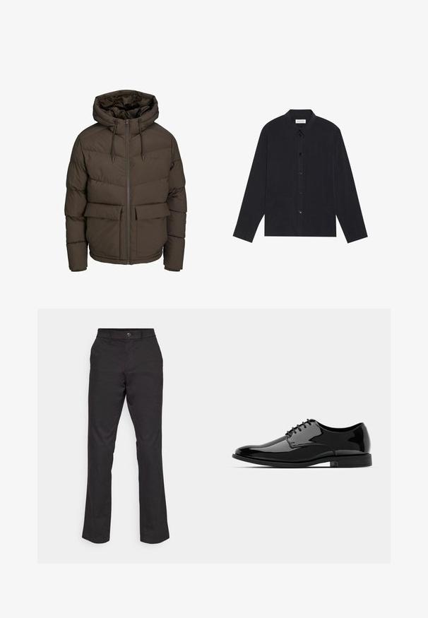 Brūna pūkainā jaka ar kapuci, ar horizontāliem kvadrātiem, divām priekšējām kabatām un pilna garuma rāvējslēdzēju ar regulējamiem auklām.; Melnas garām piedurknēm krekls ar pogu aizdari, apkakli, divām priekšējām kabatām un teksturētu auduma apdari.; GAP STRAIGHT PERFORMANCE - Auduma bikses - true black; Melna laika kurpe no patentētās ādas ar noapaļotu purngalu, aukliņu dizainu un gludu, spīdīgu virsmu. Aprīkota ar zemu profilu gumijas zoli.