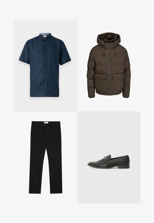 Rudas pūkuotasis džemperis su kapišonu, su horizontaliais siuvinėjimais, dviem priekinėmis kišenėmis ir pilno ilgio užtrauktuku su reguliuojamomis virvėmis.; Tamsiai mėlynas trumpomis rankovėmis marškinis su mažai baltų lapelių raštu, apykakle ir tamsiais mygtukais. Pagamintas iš lengvos medžiagos, glotnus tekstūros.; Juodos tiesios kojų džinsai su penkių kišenių dizainu, mygtuko ir užtrauktuko uždarymu bei "Pier One" prekės ženklo etikete ant juosmens.; Juodos odinės loafer tipo bateliai su lygiu paviršiumi, turintys siuvinėtą dizainą ir dekoratyvų metalo grandinėlės akcentą ant batų viršaus. Plokščias kulnas.