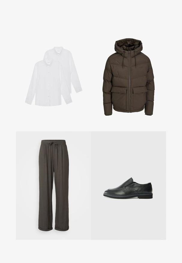 Brown puffer jacket with a hood, featuring horizontal quilted sections, two front pockets, and a full-length zipper with toggle drawstrings.; White long-sleeve shirts in a pack of two, featuring button-up fronts, collar, and cuffs, made from a smooth fabric with no patterns.; Dark gray wide-leg pants with a drawstring waist, made of a soft, textured fabric, featuring rolled cuffs at the ankles.; Black leather slip-on shoe with a smooth upper, stitched accents, rounded toe, and a low rubber heel. Sole features minimal tread.