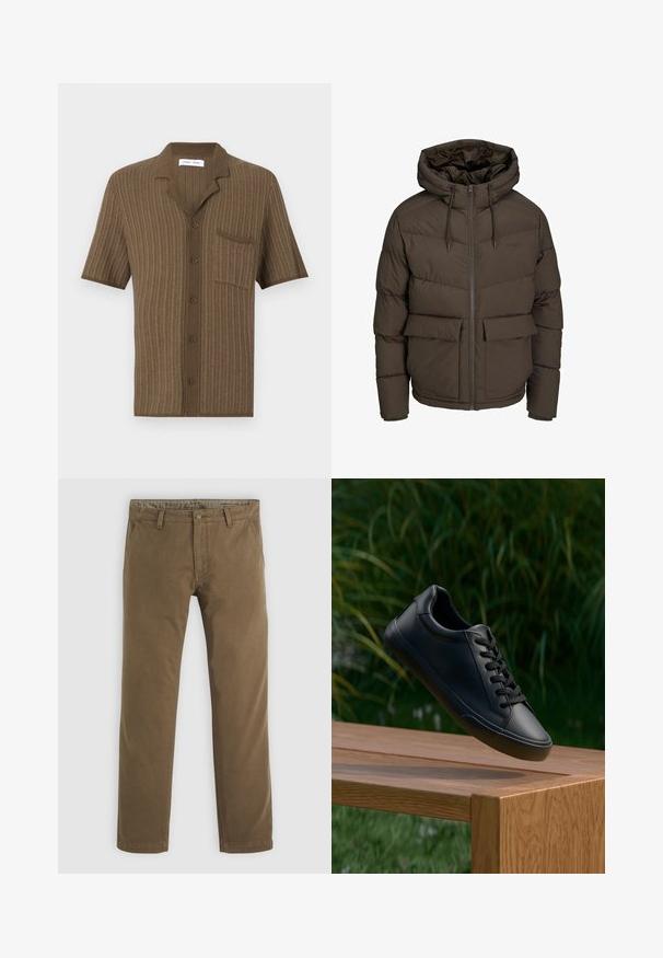 Brązowa kurtka puchowa z kapturem, z poziomymi przeszyciami, dwoma przednimi kieszeniami oraz pełnym zamkiem błyskawicznym z sznurkiem do ściągania.; Brązowa koszula z krótkim rękawem o teksturowanym wzorze dzianinowym, z kołnierzykiem z wycięciem, 5 guzikami i jedną kieszenią na piersi.; Khaki bawełniane spodnie o prostym kroju, wyposażone w zapięcie na guzik, dwie przednie kieszenie oraz gładką teksturę.; Czarne skórzane trampki o gładkiej fakturze, okrągłym nosku i płaskich sznurówkach, umieszczone na drewnianej powierzchni z zieloną trawą w tle.