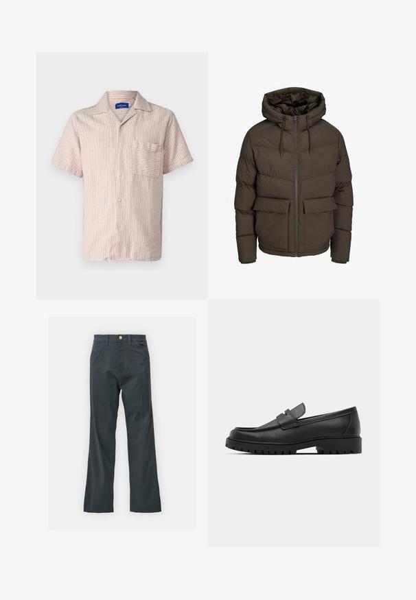 Pruun puffer-jakk, millel on kapuuts, horisontaalsed tikandid, kaks esi-taskut ja täispikk lukk koos pingutuspaeladega.; Jack & Jones JORATLAS RESORT - Pluus - brown; Mustad püksid sirge säärega, valmistatud puuvillasegistuse kangast. Omavad metallist nööbiga sulgemist ja küljetaskuid. Ilma nähtavate mustriteta.; Mustad musta nahast loafers, millel on ümar varvas, tikandiga disain, madal platvorm-soon ja tekstureeritud, soonikkummist välistald.