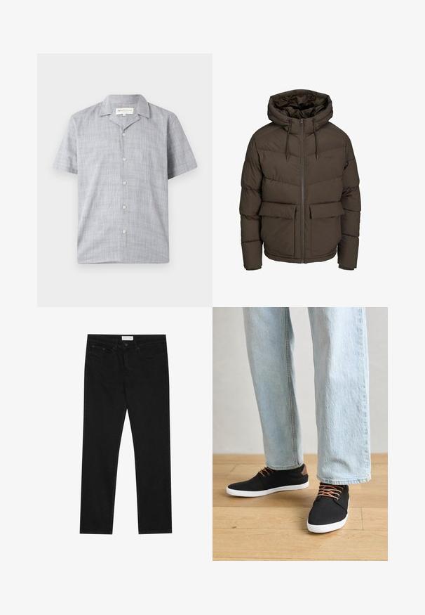 Chaqueta de plumas marrón con capucha, que presenta secciones acolchadas horizontales, dos bolsillos frontales y una cremallera de longitud completa con cordones ajustables.; Camisa de manga corta en gris claro, hecha de tela texturizada. Presenta un cuello con solapa, seis botones y un corte relajado.; Jeans negros de pierna recta con diseño de cinco bolsillos, cierre de botón y cremallera, y etiqueta de la marca Pier One en la cinturilla.; Zapatillas de lona negras con detalles marrones, suelas de goma blanca y cordones marrones, combinadas con jeans rectos de color azul claro. Fondo de suelo de madera.