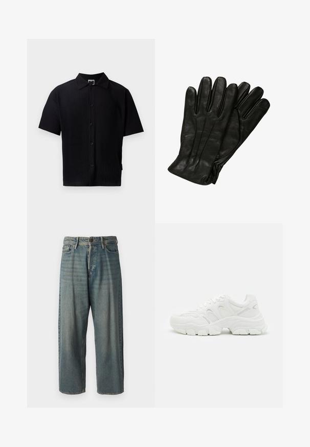 Brūna pūkainā jaka ar kapuci, ar horizontāliem kvadrātiem, divām priekšējām kabatām un pilna garuma rāvējslēdzēju ar regulējamiem auklām.; Melna īsām piedurknēm krekls ar ribotu tekstūru, klasisko apkakli, priekšējām pogām un taisnu apakšmalu. Nav redzamu rakstu vai akcentu.; Gaiši zili džinsi ar brīvu piegriezumu, vidējo jostas augstumu un taisnām kājām. Satur piecas kabatas, jostas cilpas un pogu aizdari.; Baltas sporta apavus ar sietiņu augšdaļu un ādas akcentiem, teksturētu gumijas zoli un masīvu dizainu ar izteiktiem kontūriem.; Melna ādas cimdi ar gludu faktūru, piecām pirkstiem un delikātiem izšuvumiem. Klasisks dizains, piemērots aukstam laikam.