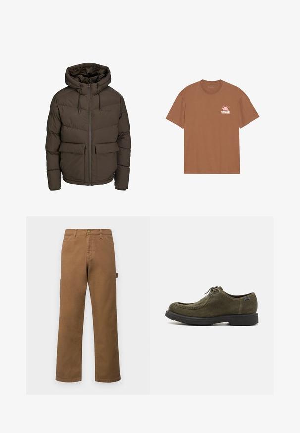 Brown puffer jacket with a hood, featuring horizontal quilted sections, two front pockets, and a full-length zipper with toggle drawstrings.; Brown short-sleeve t-shirt made of cotton, featuring a pink sun graphic and "SOLAR" text on the left chest. Crew neck design.; Brown cotton cargo pants with straight legs, featuring side pockets and a metal button closure at the waist. Smooth texture and casual design.; Dark green suede shoes with a smooth texture, featuring a rounded toe, stitched accents, and a black rubber sole.