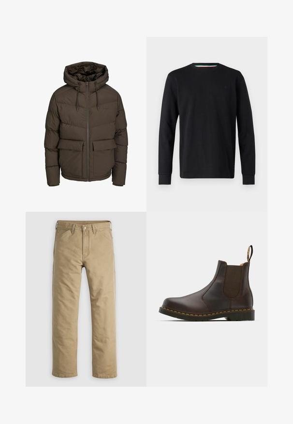 Jachetă puf din brun cu glugă, având secțiuni quilted orizontale, două buzunare frontale și un fermoar pe toată lungimea cu șnururi de ajustare.; Replay Bluză cu mânecă lungă - black; Pantaloni din bumbac kaki cu croială dreaptă, buzunare frontale și închidere cu nasture. Textură netedă și cusături întărite pentru durabilitate.; Botine Chelsea din piele maro, cu panouri elastice laterale, toc texturat și cusături galbene contrastante. Prezintă un tab pentru o îmbrăcare ușoară.
