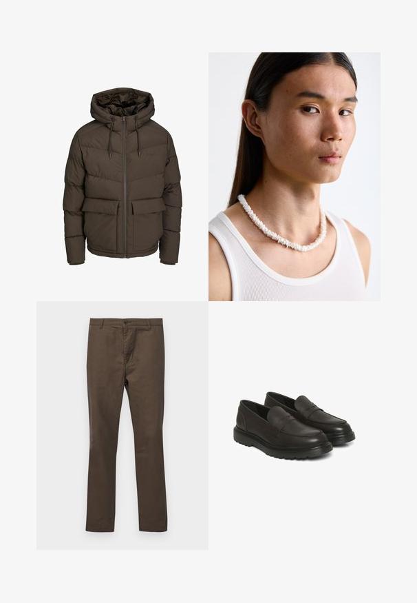 Brūna pūkainā jaka ar kapuci, ar horizontāliem kvadrātiem, divām priekšējām kabatām un pilna garuma rāvējslēdzēju ar regulējamiem auklām.; Khaki krāsas īsu piedurkņu T-krekls, izgatavots no mīkstas auduma, ar apaļu dekoltē un brīvu piegriezumu. Nav redzami raksti vai grafiki.; Brūni kokvilnas bikses ar taisnām kājām, ar pogu aizdari un jostas cilpām, gluda tekstūra bez rakstiem vai akcentiem.; Brūni ādas ievelkamie apavi ar gludu virsmu, mīkstinātu apkakli un teksturētu dizainu. Aprīkoti ar melnu gumijas zoli ar rievojumu rakstu.; Balta čaulu kaklarota, kas sastāv no neregulārām formām, valkāta virs pieguļošas baltas topiņas. Gluda tekstūra ar smalku spīdumu, cieši piegulošs dizains.