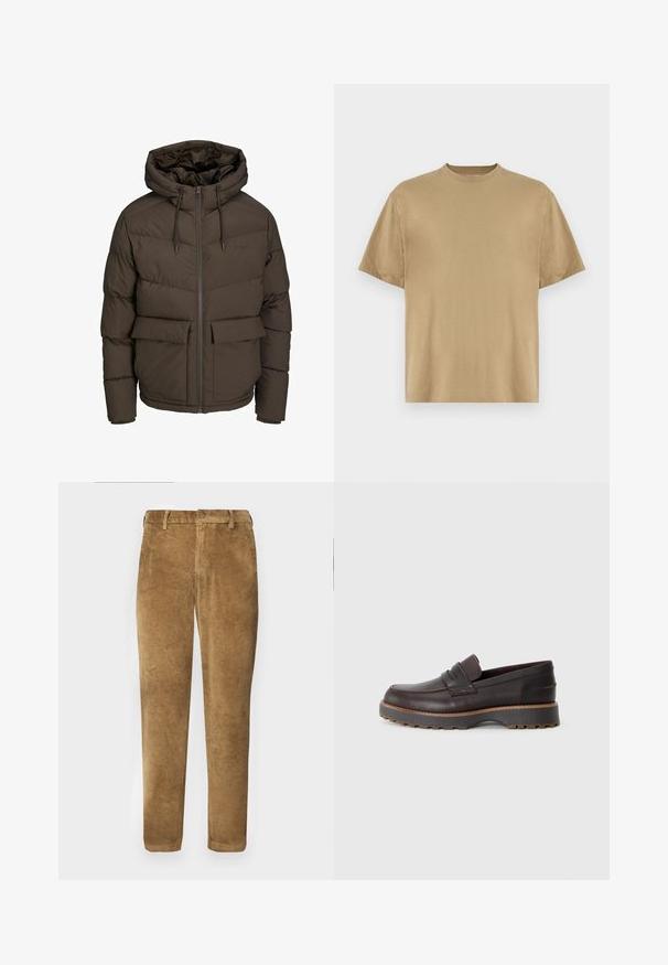 Rudas pūkuotasis džemperis su kapišonu, su horizontaliais siuvinėjimais, dviem priekinėmis kišenėmis ir pilno ilgio užtrauktuku su reguliuojamomis virvėmis.; Kaki trumpas rankovėmis marškinėliai, pagaminti iš minkštos medžiagos, su apvaliu iškirpimu ir laisvu siluetu. Nėra matomų raštų ar grafikos.; Rudų aksominių kelnių su vertikaliu raukšlėtu tekstūru, tiesiu kirpimu, sagčių uždarymu ir diržo kilpomis. Lygus audinys su minkštu paviršiumi.; Rudos odinės loaferiai su žemu profiliu, su siuvinėta apdaila, šiek tiek pakelti guminiu padu ir lygiu paviršiumi.