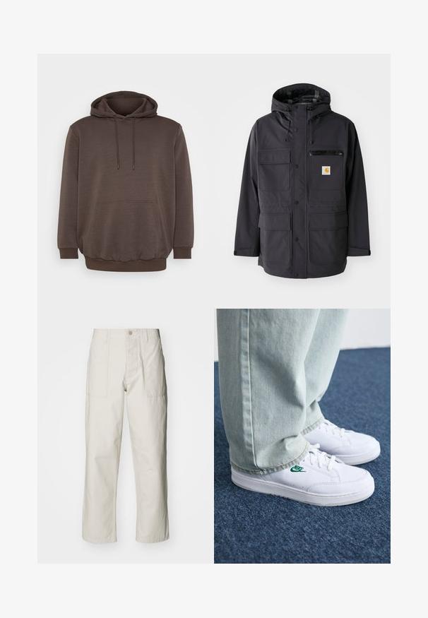 Schwarze Kapuzenjacke aus glattem Material, ausgestattet mit mehreren Vordertaschen, einer mit Reißverschluss versehenen Brusttasche und einem Logopatch.; Brauner Hoodie aus weichem Stoff, mit einer Vordertasche, Zugbändern und gerippten Ärmeln und Saum. Einfaches Design ohne Muster.; Helle beige weit geschnittene Hose aus Baumwolle. Verfügt über Fronttaschen und einen Knopfverschluss. Glatte Textur mit dezenten vertikalen Streifen.; Weiße Leder-Sneaker mit grünem Nike-Logo, runde Zehenpartie, flache Sohle, kombiniert mit hellblauen Jeans, präsentiert auf einem blauen Teppich.